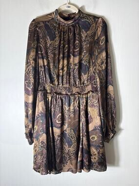 NWT Meloday Brown Long Sleeve Smocked Wasit Knee Length Dress Sz L